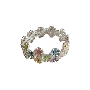 Colorful floral enamel elastic bracelet with vibrant daisy patterns on silver metal base