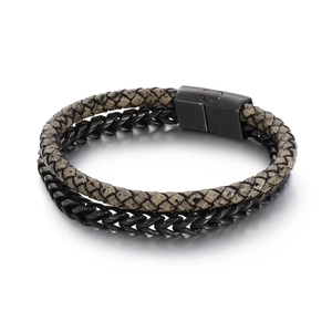 Men's double-layer brown braided leather and gunmetal wheat chain bracelet with magnetic clasp