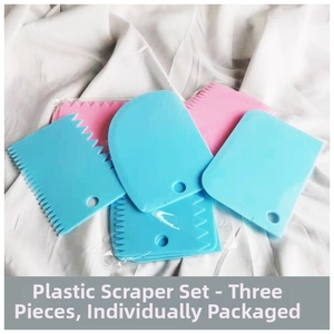 Three-piece colorful plastic dough scrapers with serrated edges in individual packaging