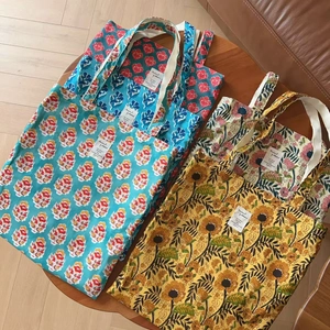 Vintage Indian print cotton canvas tote bags with floral patterns and cotton straps