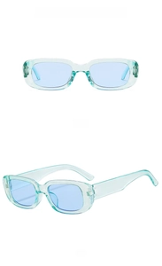 Detail view of transparent blue rectangular sunglasses with matching blue lenses and hinges