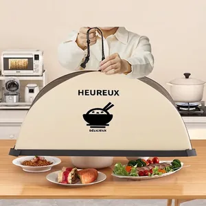 Foldable mesh food cover in cream white with minimalist bowl print and top handle