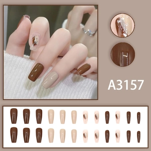 Press-on nails set in elegant autumn coffee colors and artistic marble pattern