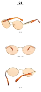 Detailed views of vintage oval sunglasses with gold metal frames and orange lenses