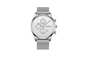 Close-up of Geneva men's watch with silver mesh strap and white three-eye calendar dial