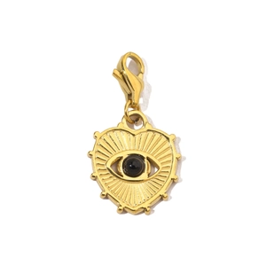 Golden heart-shaped evil eye pendant with black bead and lobster clasp on white background