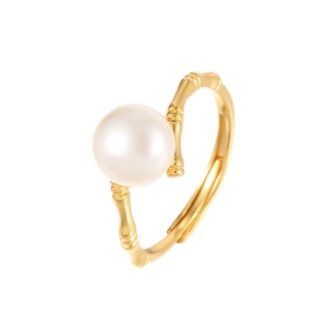 Elegant gold bamboo-shaped S925 silver ring with a white pearl on a clean white background