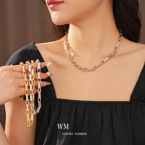 Alloy Paperclip Chain Necklace Rectangular Link Adjustable Two Tone Minimalist Splicing Industrial Style For Women
