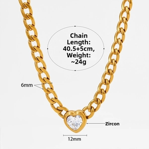 Detailed size specifications for gold heart pendant necklace with zircon and curb chain
