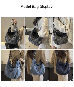 Détail du sac fourre-tout en denim avec poches latérales et finitions effilochées à la main