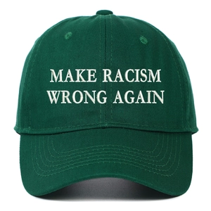 Detailed embroidery of Make Racism Wrong Again slogan on a green cotton baseball cap