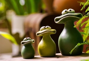 Three green resin frogs in various sizes displayed on wood for garden decor