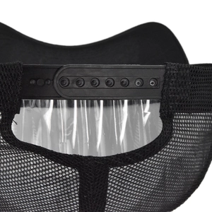 Close-up of the black breathable mesh and adjustable plastic snapback closure on a truck cap