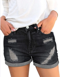 Detail of high-waisted distressed denim shorts in dark gray with cuffed hem design