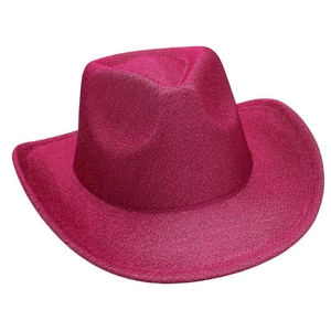 Close-up of sparkling magenta sequined western cowboy hat with curved brim and matte finish