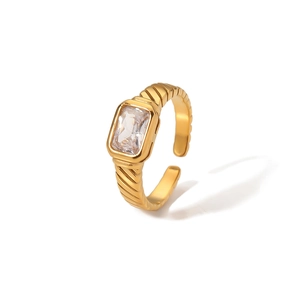 18k gold plated stainless steel ring featuring a square zircon and textured band