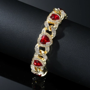 Hip-hop style gold-plated heart bracelet with red rubies and diamonds on black leather