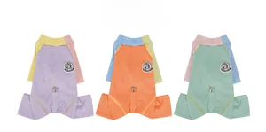 Three colorful striped pet thermal jumpsuits in purple, orange and green cotton ribbed fabric