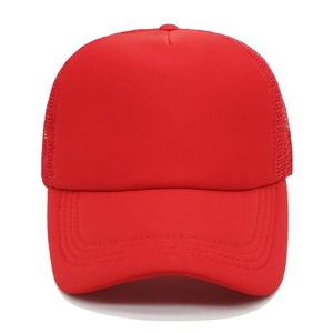 Close-up of red mesh trucker hat with breathable polyester back and curved brim