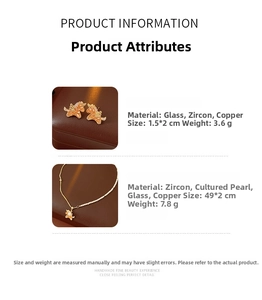 Detail showing orange horse earrings and pearl necklace with dimensions and materials