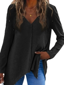Close-up of women's black V-neck knit sweater featuring waffle texture and long sleeves