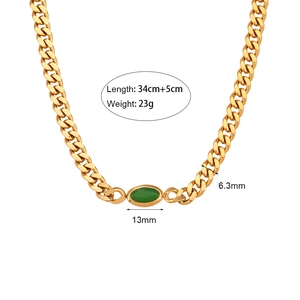 6.3mm 18K gold plated stainless steel Cuban chain choker with a green oval gemstone
