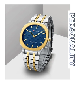 Detailed close-up of CURREN square watch dial with golden case and blue face texture