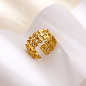 Detail view of 18k gold plated hollow flower ring with adjustable open band design