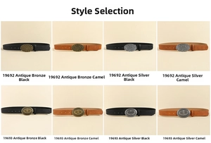 Variety of women's vintage belts with carved alloy buckles in black and camel leather