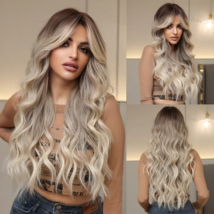 Detailed views of long wavy ombre blonde wig with bangs showing front and back angles