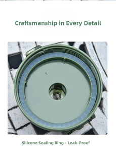 Detail of leak-proof lid with silicone sealing ring and army green plastic construction
