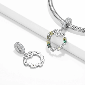 S925 sterling silver Love Mom heart charm pendant with colorful gems and diamonds