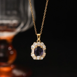 Golden necklace set with oval purple zircon and white diamond pave crystals
