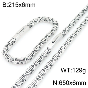 Detailed view of silver Byzantine chain necklace and bracelet set with size specifications