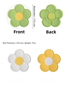 Detailed view of cherry blossom silicone heat mat showing 17.5cm diameter and 7.45mm thickness