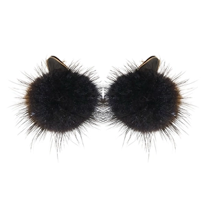 Chic black plush pom-pom earrings with twisted oval hoops for a stylish minimalist look
