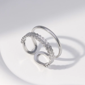 Minimalist silver stainless steel open ring with delicate leaf texture and double-layer design