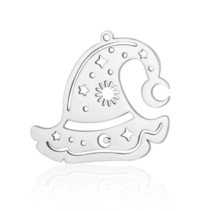 Polished silver witch hat pendant with star and moon cutouts in stainless steel