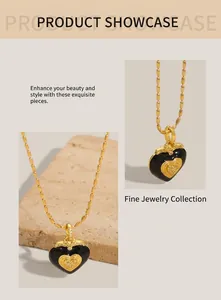 Macro detail of heart pendant with black enamel finish and sparkling zircon stones