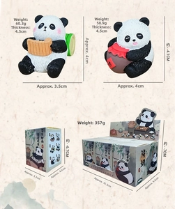 Detailed view of resin panda figurines with dimensions and blind box packaging specs