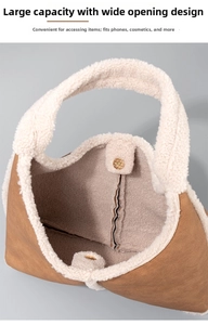 Close-up of fluffy faux fur lining and magnetic snap closure on a vintage tote bag