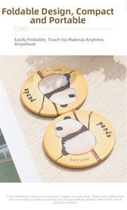 Close-up of a foldable mini round makeup mirror with a cute panda illustration