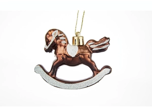 Vue détaillée d'une décoration de Noël cheval à bascule marron avec paillettes argentées