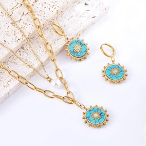 Stainless Steel Jewelry Set Double Layer Necklace Earring Turquoise Sun Pendant Artificial Pearl Fashion Women Accessories