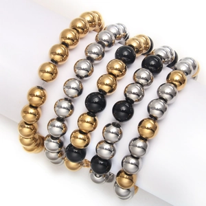 Classic 8mm stainless steel beaded bracelets in gold, silver, and black polished finish