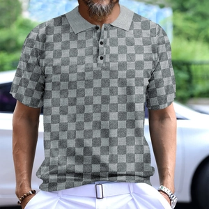 Detailed knit texture of a grey and black checkered short sleeve polo shirt for men
