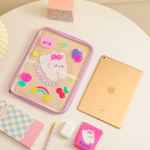 Detail view of the purple transparent PVC iPad bag featuring cute cartoon rabbit designs