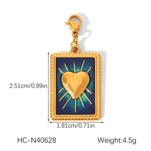 Detailed gold rectangular love pendant with blue enamel, including exact size dimensions