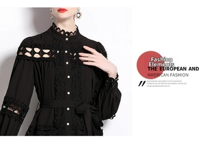 Detail of black court style dress featuring white pearl buttons and hollow lace crochet