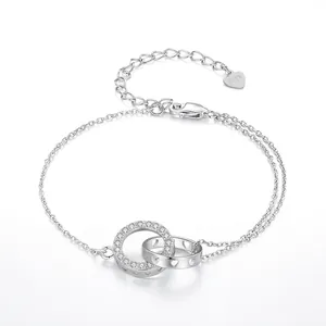925 Sterling Silver Bracelet For Women Double Interlocking Rings Zirconia Heart Hollow Minimalist Fashion Jewelry
